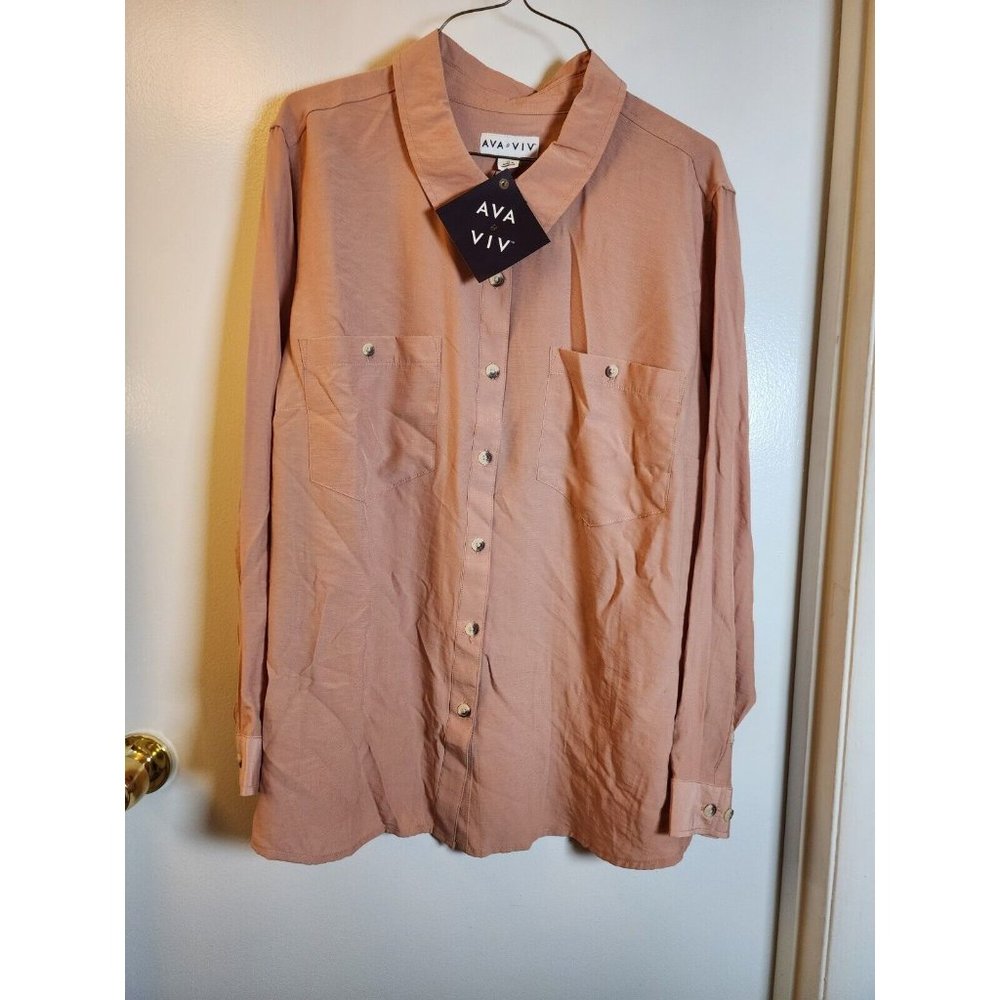 Ava & Viv Women's Coral Rayon Long Sleeve with Pockets Button-Down Shirt Size 1X